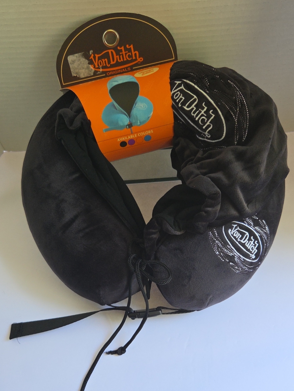 Von Dutch Black Plush Travel Neck Pillow with Logo